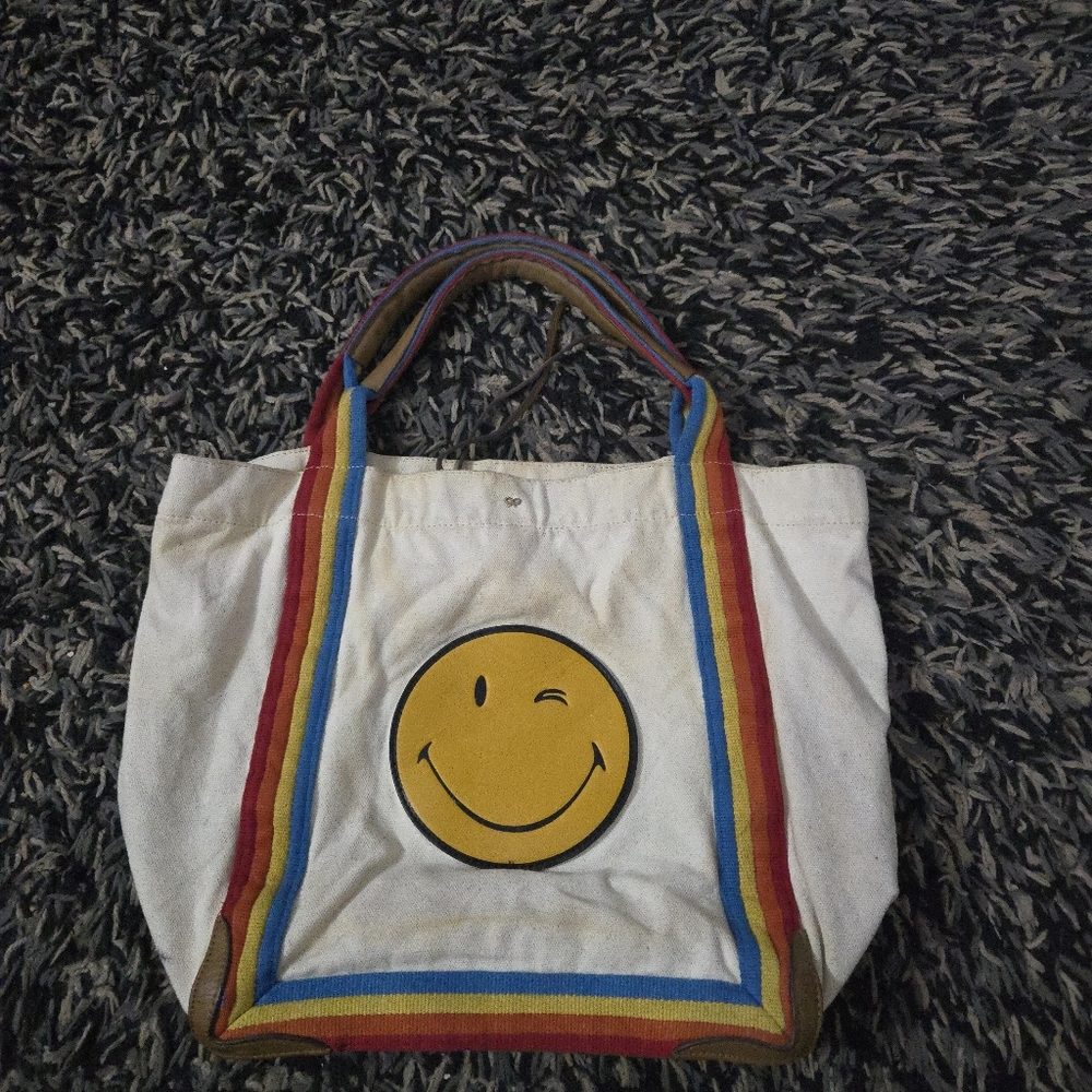 Anya Hindmarch Wink Smiley Face Rainbow Canvas Tote Bag Rare 2016 Limited Ed.